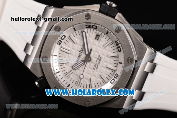 Audemars Piguet Royal Oak Offshore Diver Clone AP Calibre 3120 Automatic Steel Case with White Dial Rubber Strap and Stick Markers (EF) - Click Image to Close